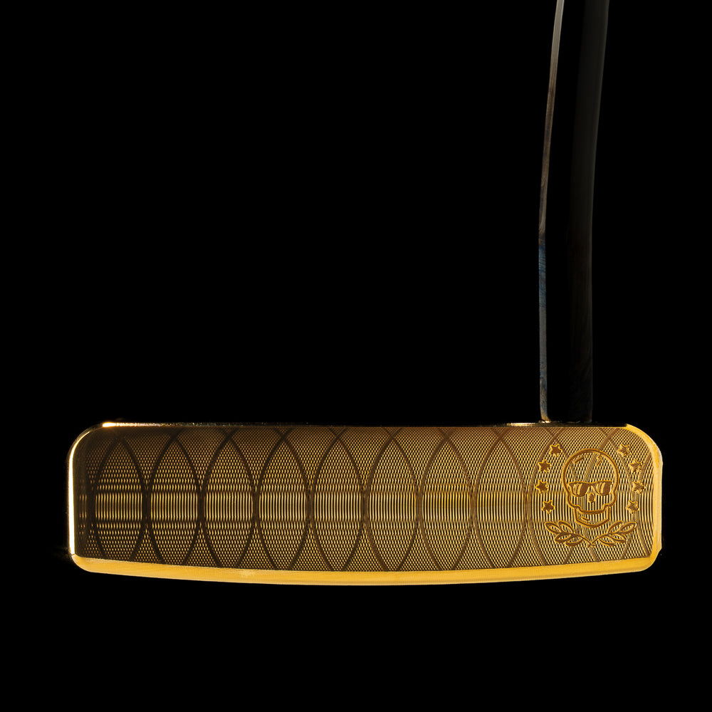 SWAG Golf 24K gold plated limited edition golf putter based on the Fifty Dollar Gold coin featuring eagle design and In SWAG We Trust slogan.