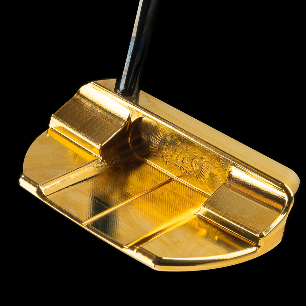 SWAG Golf 24K gold plated limited edition golf putter based on the Fifty Dollar Gold coin featuring eagle design and In SWAG We Trust slogan.
