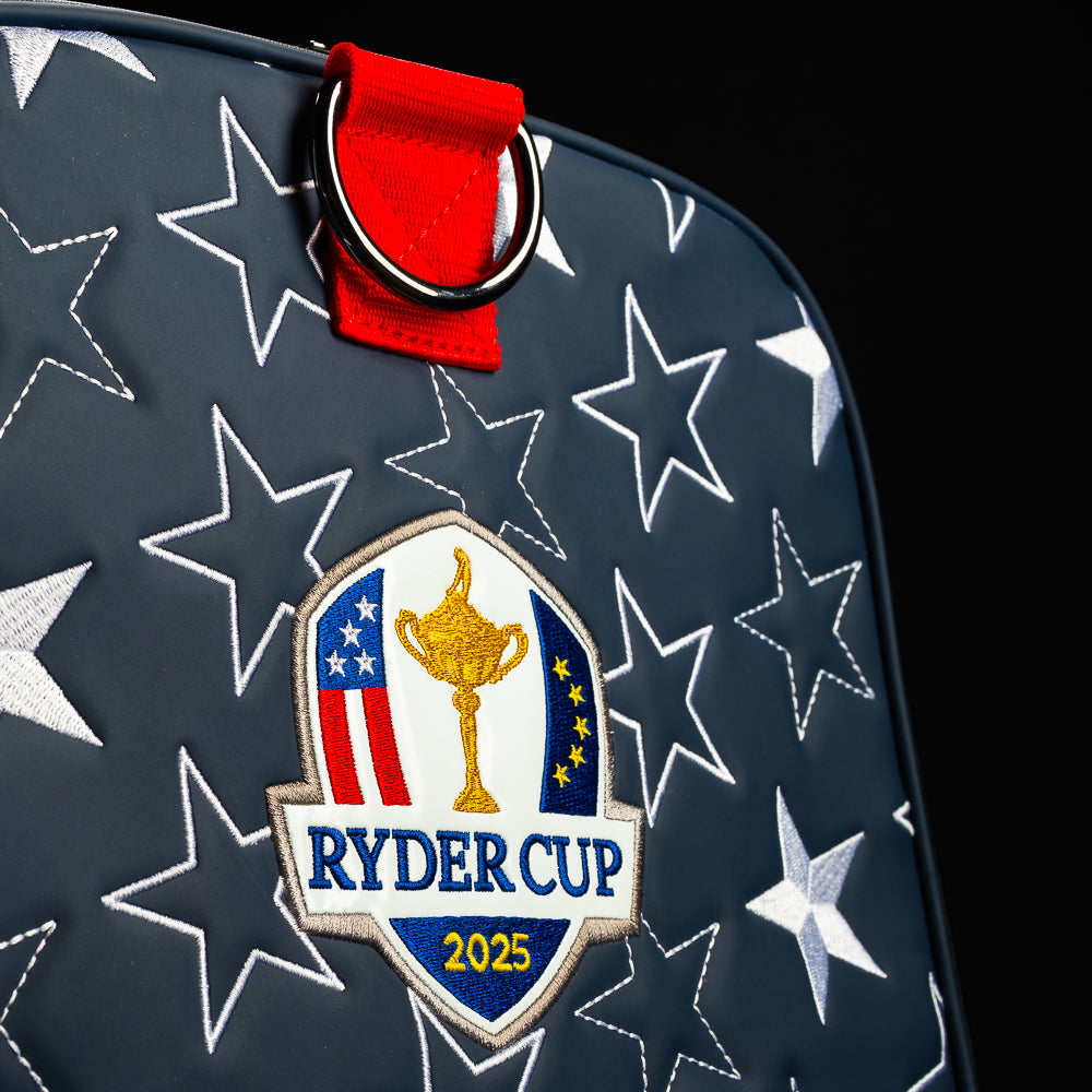 SWAG Golf x Ryder Cup 2025 officially licensed red, white, and blue duffel bag.
