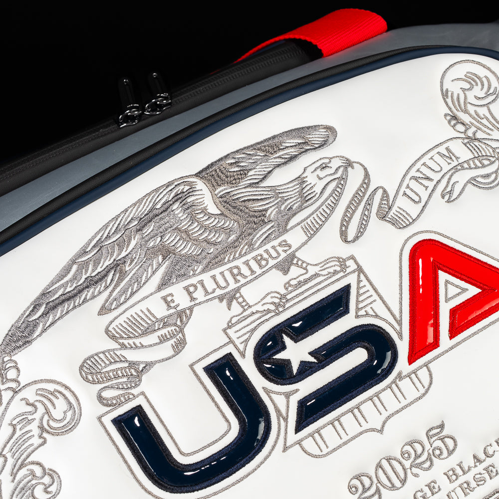 SWAG Golf x Ryder Cup 2025 officially licensed red, white, and blue duffel bag.