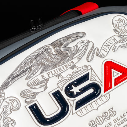 SWAG Golf x Ryder Cup 2025 officially licensed red, white, and blue duffel bag.
