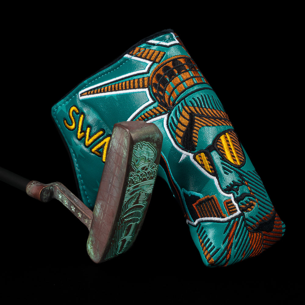 SWAG Gold Lady Liberty Handsome One left handed golf putter with unique copper plated patina finish and handpainted details.