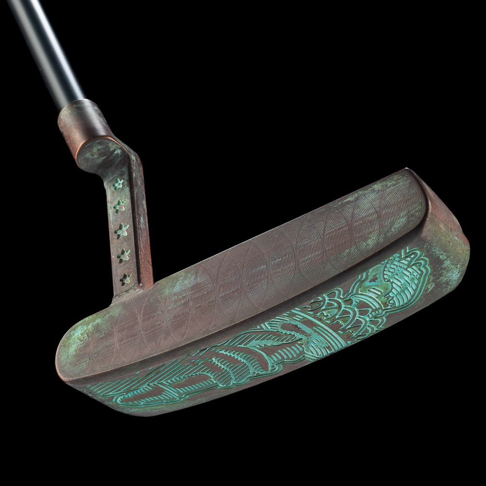 SWAG Gold Lady Liberty Handsome One left handed golf putter with unique copper plated patina finish and handpainted details.