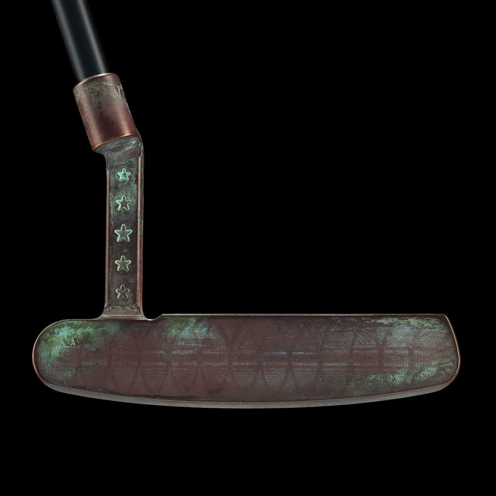 SWAG Gold Lady Liberty Handsome One left handed golf putter with unique copper plated patina finish and handpainted details.