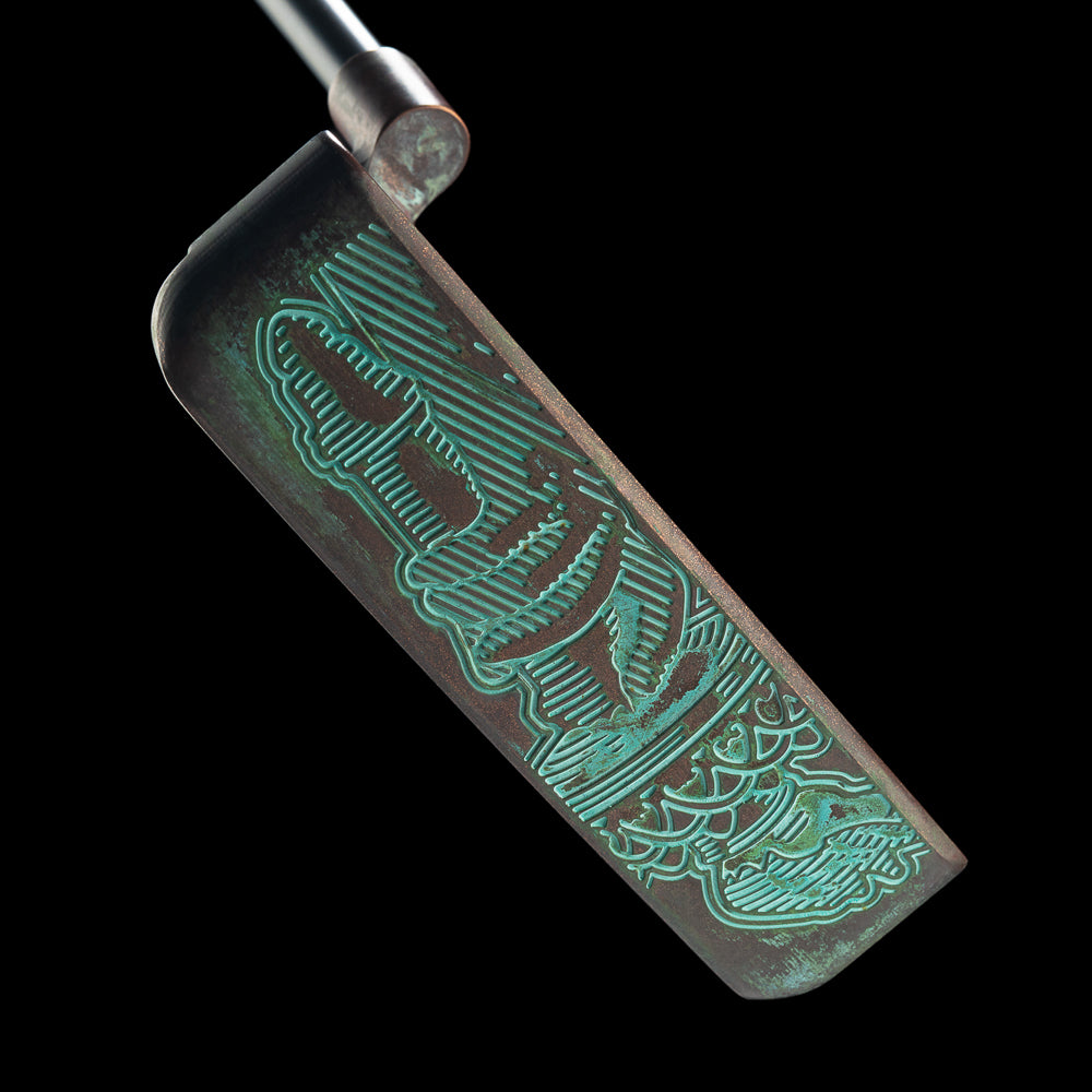 SWAG Gold Lady Liberty Handsome One left handed golf putter with unique copper plated patina finish and handpainted details.