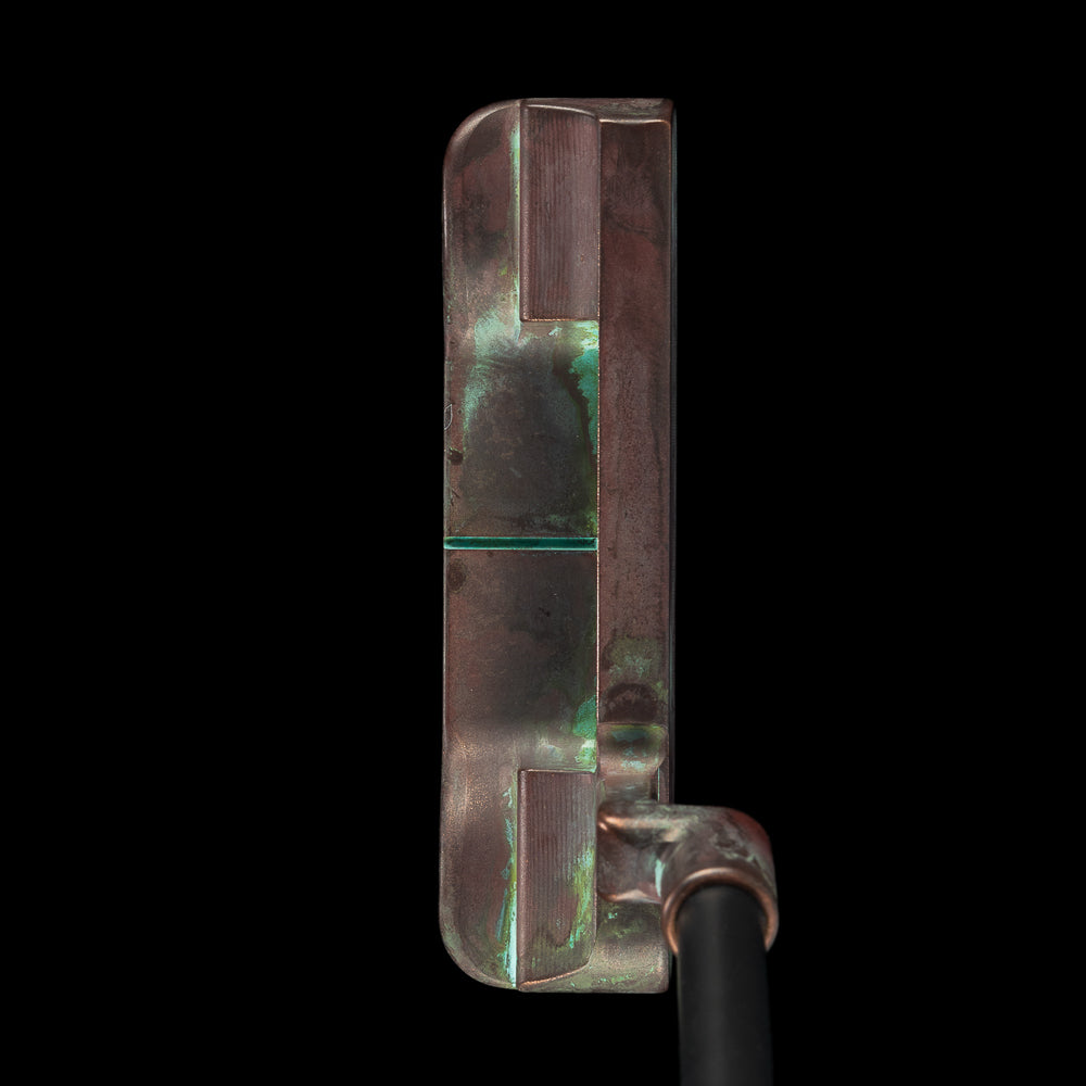 SWAG Gold Lady Liberty Handsome One left handed golf putter with unique copper plated patina finish and handpainted details.