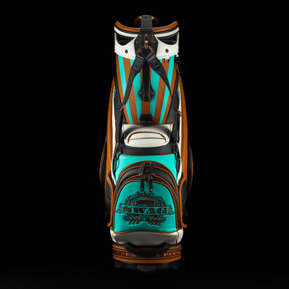 SWAG x Vessel golf bag with Statue of Liberty design and 'Don't Give a Putt' text on a black background