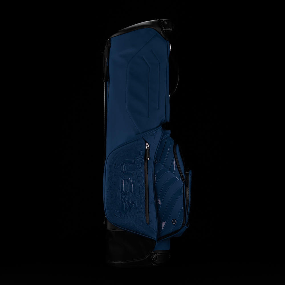 Vessel x SWAG Golf 2025 blue Ryder Cup monochromatic golf stand bag with USA themed embroidery.