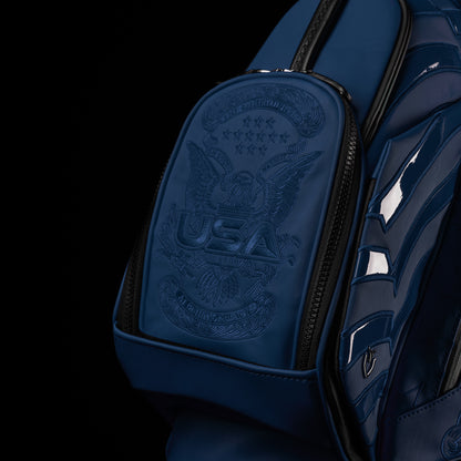 Vessel x SWAG Golf 2025 blue Ryder Cup monochromatic golf stand bag with USA themed embroidery.
