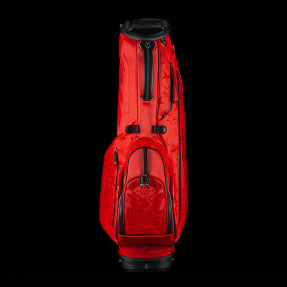 Vessel x SWAG red 2025 Ryder Cup official golf stand bag with black trim and USA themed embroidery.