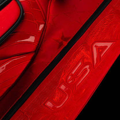 Vessel x SWAG red 2025 Ryder Cup official golf stand bag with black trim and USA themed embroidery.