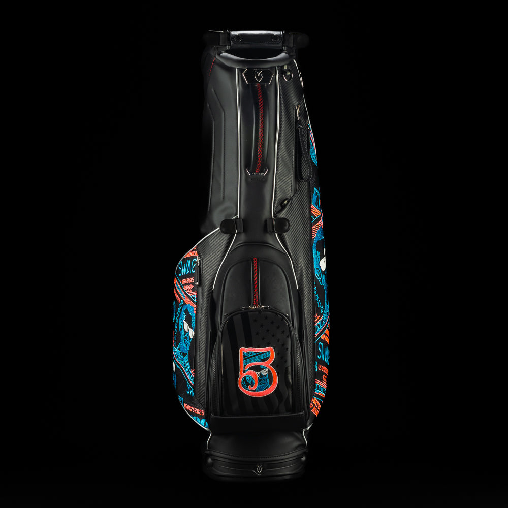 SWAG Golf USA 2025 Lincoln dollar bill themed Vessel black stand bag with currency themed embroidery.