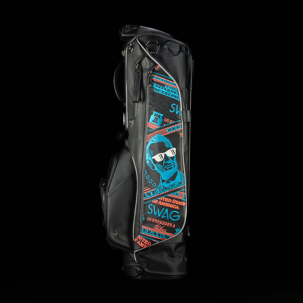 SWAG Golf USA 2025 Lincoln dollar bill themed Vessel black stand bag with currency themed embroidery.