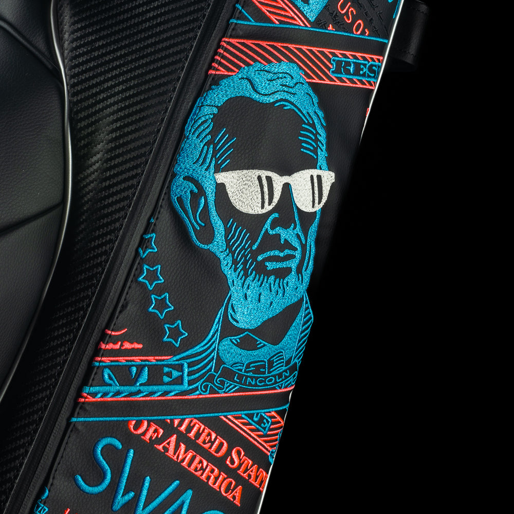 SWAG Golf USA 2025 Lincoln dollar bill themed Vessel black stand bag with currency themed embroidery.
