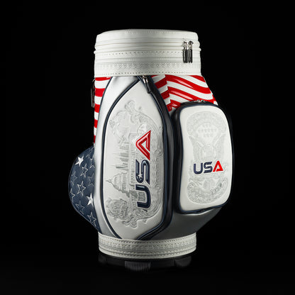 SWAG x Ryder Cup den caddie mini cooler modeled after the Ryder Cup Staff bag.