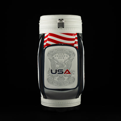 SWAG x Ryder Cup den caddie mini cooler modeled after the Ryder Cup Staff bag.