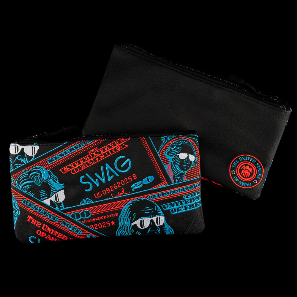 SWAG Golf Ryder Cup 2025 dollar bills black vinyl zippered valuables pouch with red and blue embroidery.