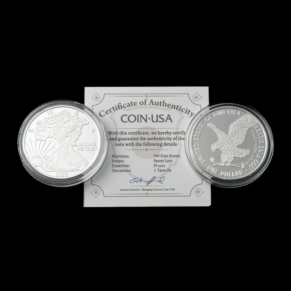 SWAG Mint collectible silver coin with a certificate of authenticity on a black background