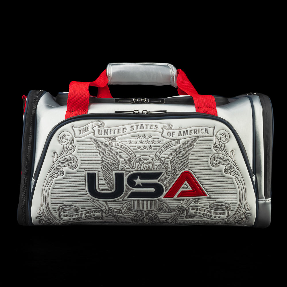 SWAG Golf x Ryder Cup 2025 officially licensed red, white, and blue duffel bag.