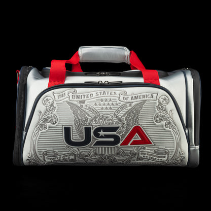 SWAG Golf x Ryder Cup 2025 officially licensed red, white, and blue duffel bag.