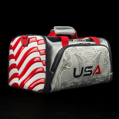 SWAG Golf x Ryder Cup 2025 officially licensed red, white, and blue duffel bag.