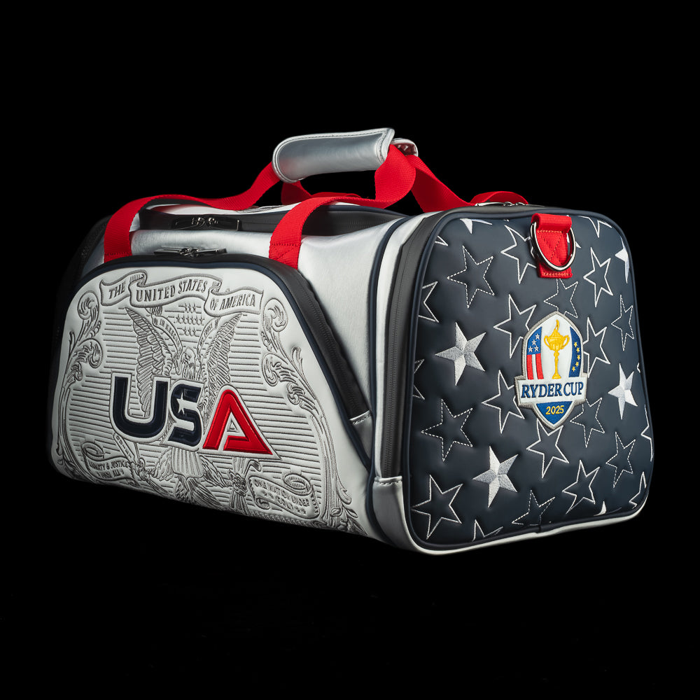 SWAG Golf x Ryder Cup 2025 officially licensed red, white, and blue duffel bag.