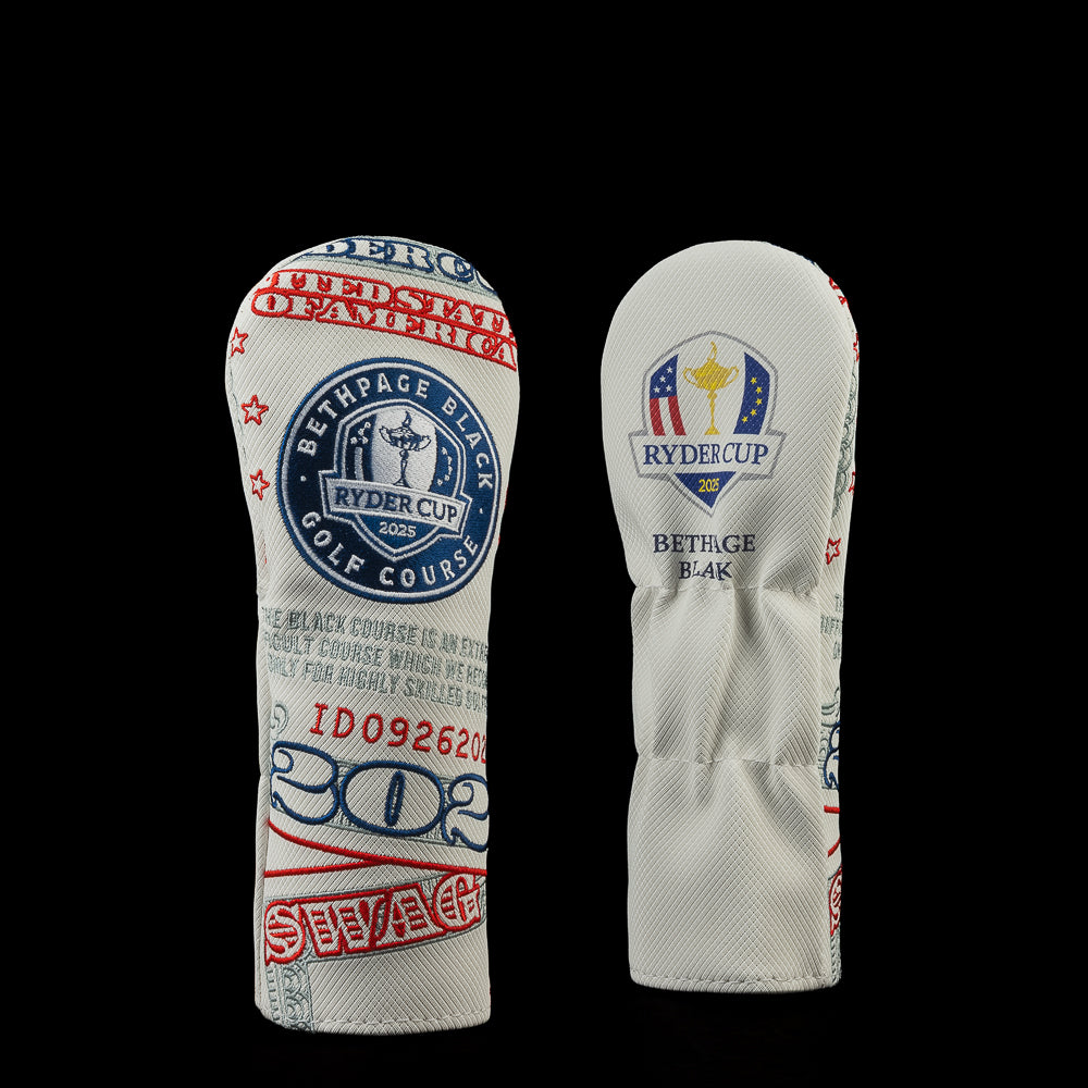 Ryder Cup 2025 official white currency themed golf hybrid headcover with Bethpage Black logo.