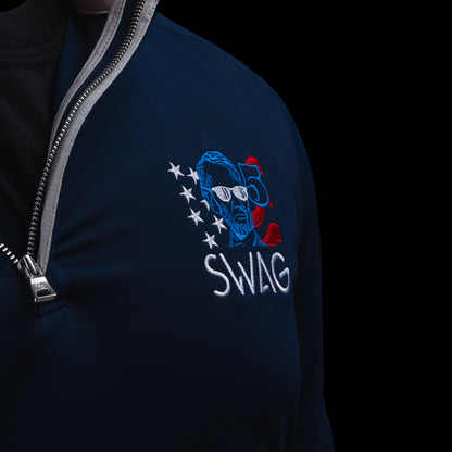 Navy long-sleeve golf performance quarter zip pullover with 'SWAG' logo worn by a person on a black background