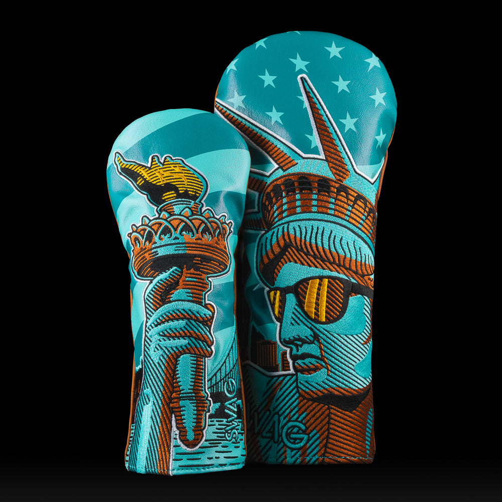 SWAG Golf Lady Liberty driver and fairway golf headcover set designed like the Statue of Liberty with teal and bronze accents.