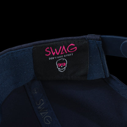 Navy blue cap with a colorful 'SWAG' patch featuring a cartoon character on a black background