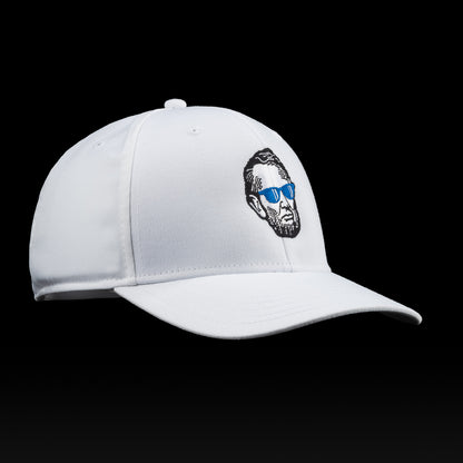 White SWAG Golf cap with a graphic of a Abe Lincoln wearing sunglasses on a black background