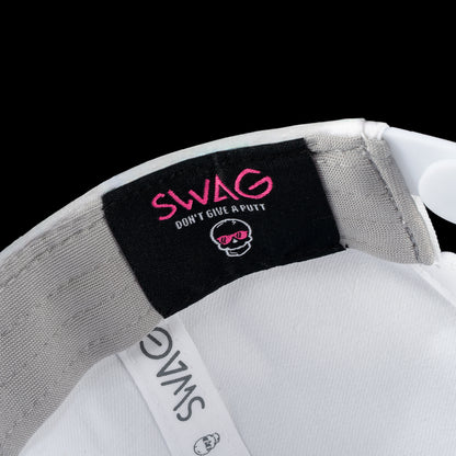 White SWAG Golf cap with a graphic of a Abe Lincoln wearing sunglasses on a black background