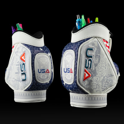 SWAG Golf mini golf bag replica desk pen caddy accessory with USA themed design.
