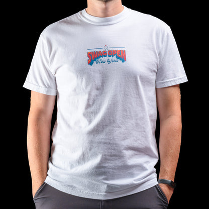 White SWAG Open New York short sleeve t-shirt with colorful graphic design on a black background.