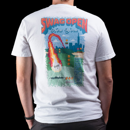 White SWAG Open New York short sleeve t-shirt with colorful graphic design on a black background.