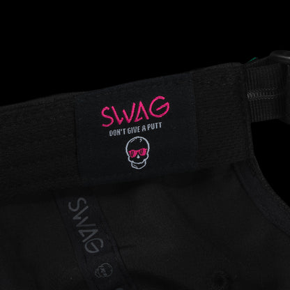 Black cap with a red and blue United States of SWAG logo on a black background.