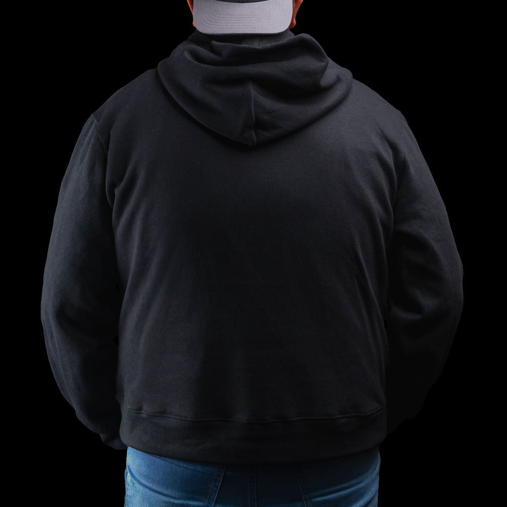 Person wearing a black hoodie with a colorful United States of SWAG graphic design.