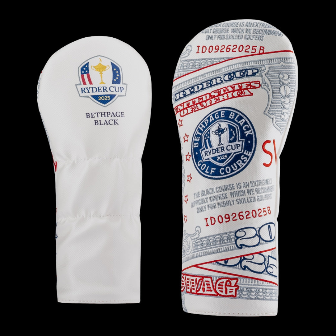 Ryder Cup 2025 official white driver golf headcover with currency theme and Bethpage Black logo.