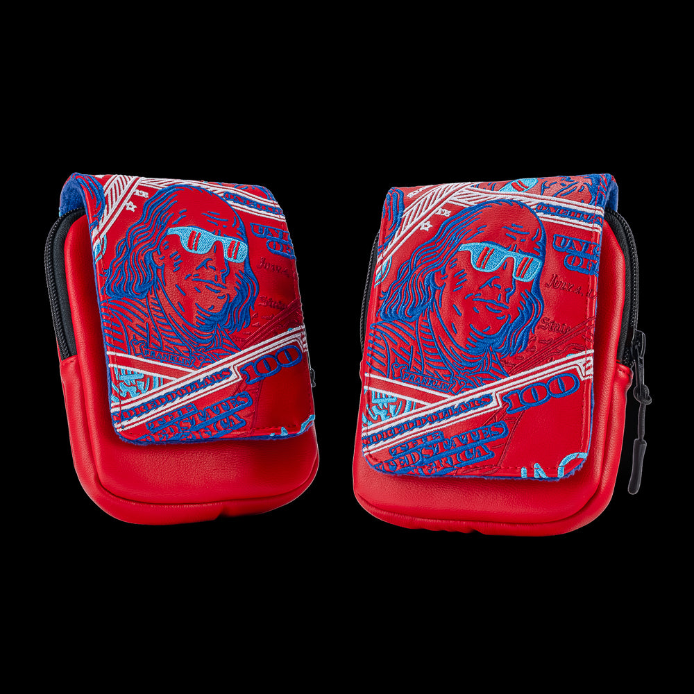 SWAG Golf Stacked Benjamins range finder case featuring Benjamin Franklin artwork with patriotic currency-inspired red and blue graphics.