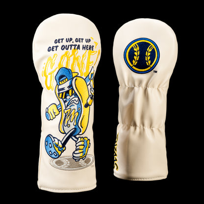SWAG Golf Milwaukee Brewers fairway cover shown front and back with an embroidered retro Brewers baseball logo on the reverse and artwork featuring an animated beer mug mascot wearing sunglasses, a backwards cap, and sneakers, with "GET UP. GET UP. GET OUTTA HERE" above dripping "GONE!" lettering.