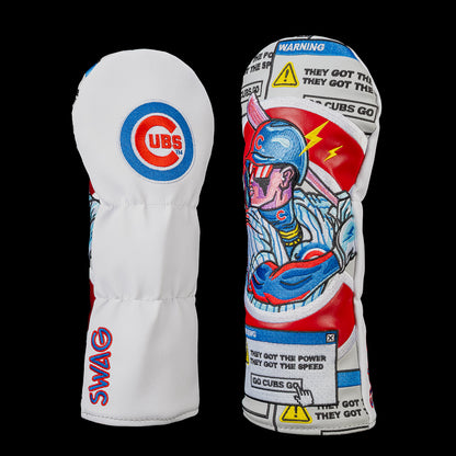 Back and front view of a Chicago Cubs fairway cover. The back features the classic Cubs logo on a white panel. The front showcases a retro comic-style Cubs batter wearing mirrored sunglasses, surrounded by vintage computer warning windows, lightning bolts, and playful "Go Cubs Go" graphics.