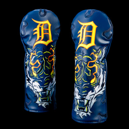Detroit Tigers fairway cover featuring an embroidered roaring tiger graphic with glowing orange highlights, navy camouflage accents, and the iconic Tigers "D" above the artwork.