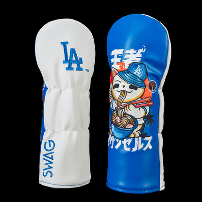 Officially licensed Los Angeles Dodgers fairway cover by SWAG Golf featuring an embroidered Lucky Cat wearing a Dodgers bucket hat, eating ramen with baseball noodles and chopsticks beneath Japanese lettering on the front, with the LA logo and SWAG branding embroidered on the back.
