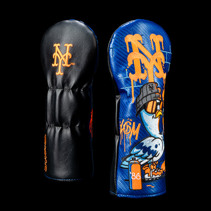 SWAG Golf New York Mets fairway cover shown front and back with the classic Mets logo on the back and a graffiti pigeon wearing a Mets beanie, surrounded by spray paint cans, street art, and oversized dripping "NY" lettering.
