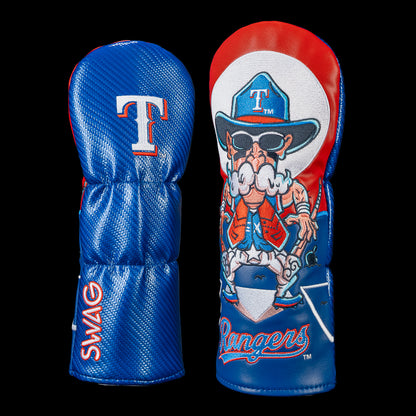SWAG Golf Texas Rangers fairway cover shown front and back with the Rangers logo embroidered on the reverse and artwork featuring a oversized cowboy mascot standing over home plate in classic Texas fashion. Finished in bold Rangers blue, red, and white.