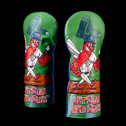 Front view of a Boston Red Sox fairway cover featuring a cartoon lobster batter in a Red Sox uniform with oversized Green Monster wall graphics, baseball details, and bold "LET'S GO RED SOX!" embroidery along the bottom.