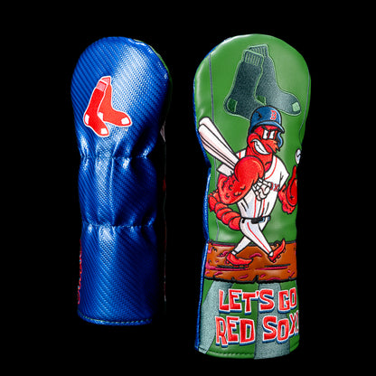 Back and front view of a Boston Red Sox fairway cover. The back features the embroidered Red Sox hanging socks logo on a blue textured panel. The front shows a cartoon lobster wearing a Red Sox uniform and sunglasses, stepping up to the plate in front of Green Monster-inspired graphics with "LET'S GO RED SOX!" embroidered across the bottom.