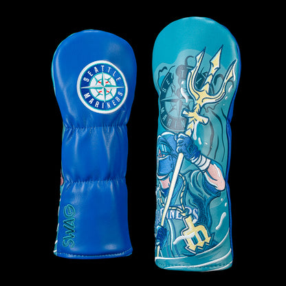 Seattle Mariners fairway cover featuring embroidered artwork of a Mariners player holding a gold trident with ocean waves and the Mariners compass in teal, navy, and blue.