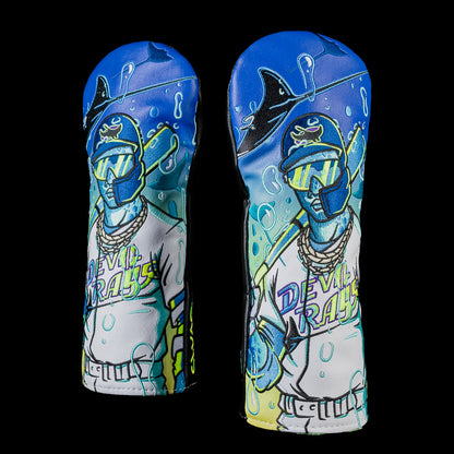 SWAG Golf Tampa Bay Devil Rays fairway cover featuring a retro Devil Rays player wearing reflective sunglasses and layered gold chains in an underwater scene with bubbles, and swimming devil rays.