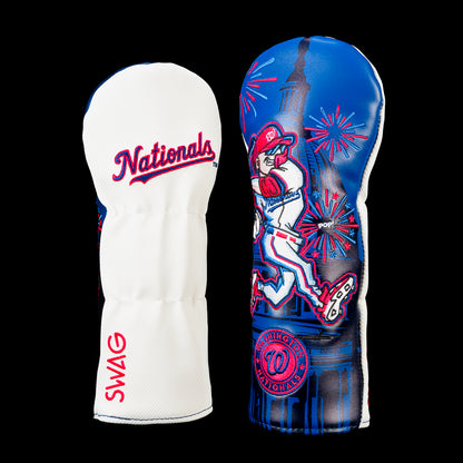 SWAG Golf Washington Nationals fairway cover shown front and back with an embroidered Nationals script logo on the reverse and artwork featuring a comic-style batter wearing mirrored sunglasses, the U.S. Capitol, red and blue fireworks, a "POP!" burst, and the Washington Nationals circular logo.
